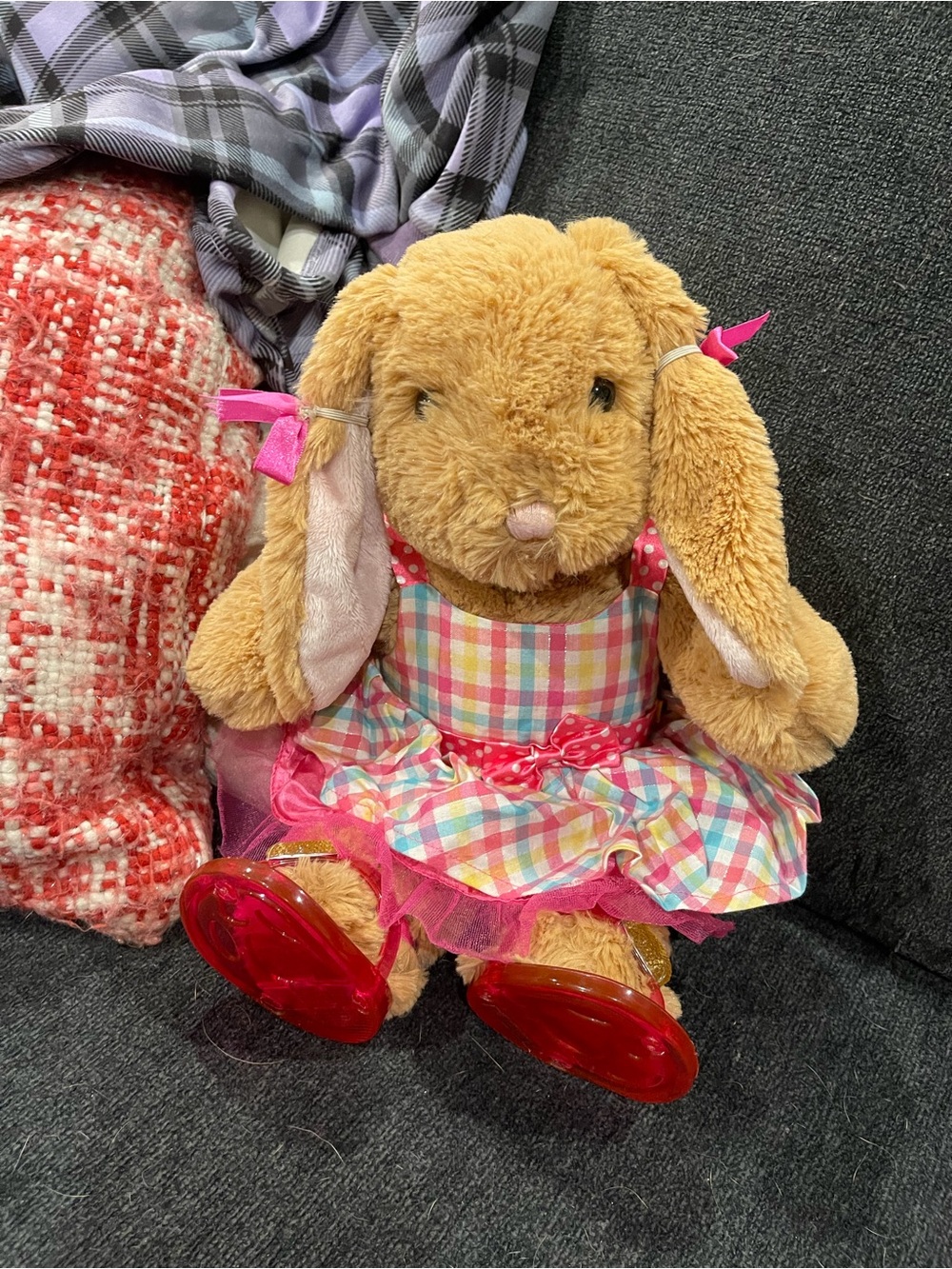 Build-A-Bear Brown Bunny in Pink Plaid Dress with Red Shoes